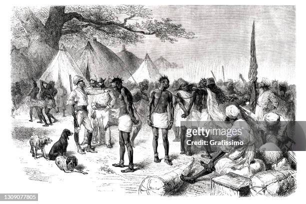 ilustraciones, imágenes clip art, dibujos animados e iconos de stock de comercio de colonos británicos con esclavos en áfrica occidental 1877 - colonia