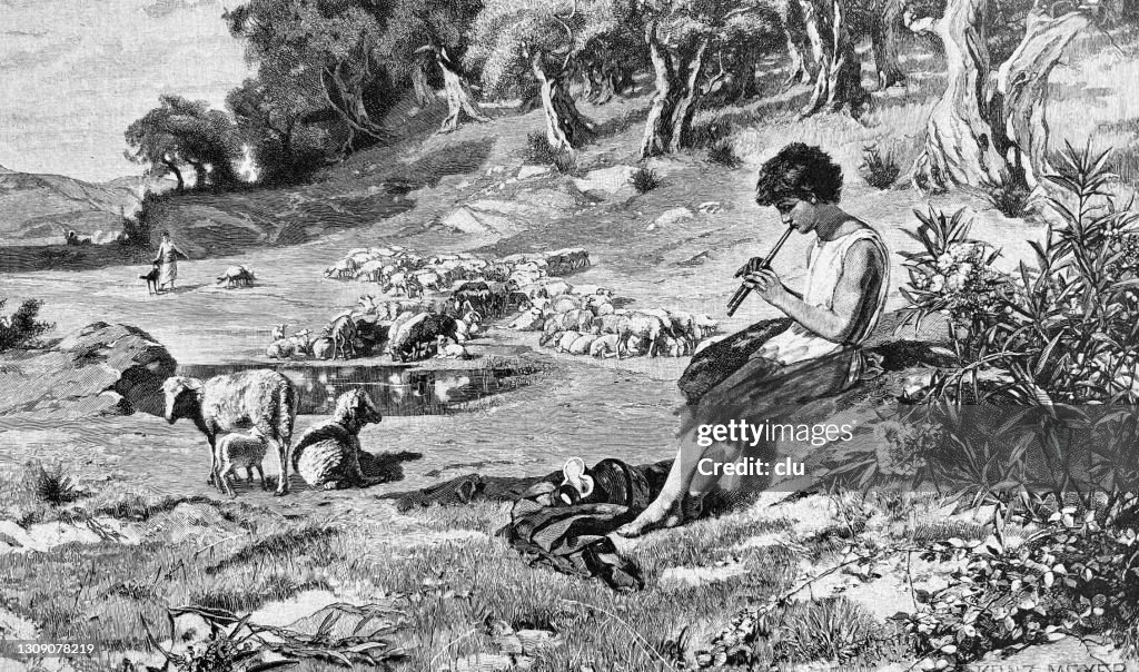 Daphnis and Chloe, shepherd playing flute on the meadow