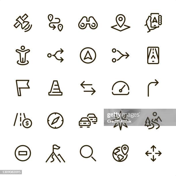 navigation - pixel perfect line icons - arrows traffic cone concept stock illustrations