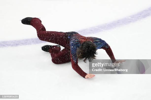 Shoma Uno of Japan falls during his performance during the Men's Short Program during ISU World Figure Skating Championships at Ericsson Globe on...
