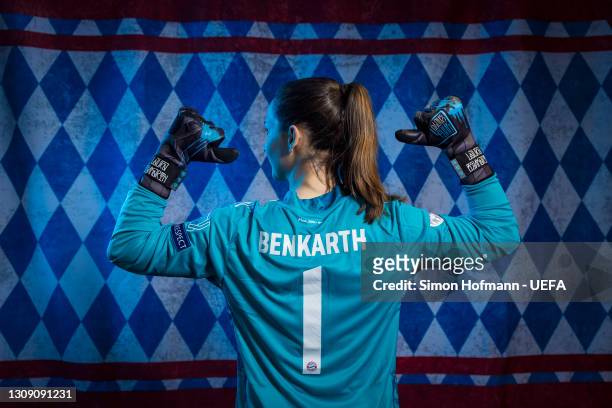 Laura Benkarth of Bayern Munich poses during the UEFA Women's Champions League Portraits at Bayern Munich Training Ground on March 15, 2021 in...
