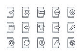 Mobile phone notifications and settings line icon set. Smartphone options and preferences linear icons. Mobile navigation and application outline vector sign collection.