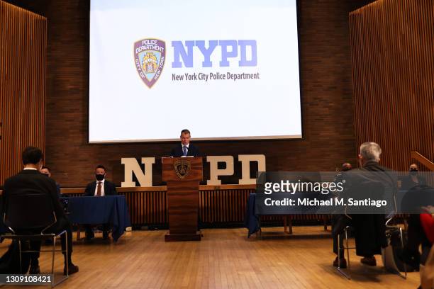 Commissioner Dermot F. Shea speaks during a press conference at the NYPD headquarters in Manhattan on March 25, 2021 in New York City. NYPD...
