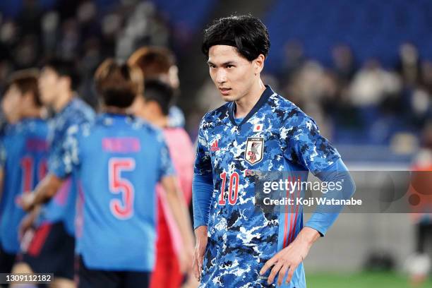 Takumi Minamino of Japan looks on during the international friendly match between Japan and South Korea at the Nissan Stadium on March 25, 2021 in...