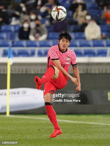 Hong Chul of South Korea in action during the international friendly match between Japan and South Korea at the Nissan Stadium on March 25, 2021 in...