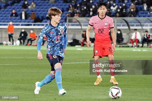 Kyogo Furuhashi of Japan in action during the international friendly match between Japan and South Korea at the Nissan Stadium on March 25, 2021 in...