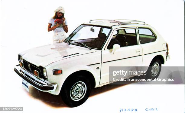 Picture postcard advertisement of a Honda Civic sedan, 1974.