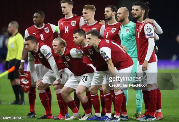 Players of Austria pose for a team photograph prior to the FIFA World Cup 2022 Qatar qualifying match between Scotland and Austria on March 25, 2021...
