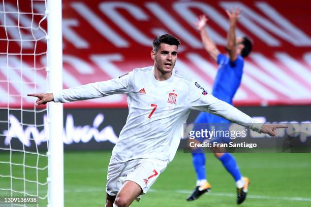 Alvaro Morata of Spain celebrates after scoring their side's first goal during the FIFA World Cup 2022 Qatar qualifying match between Spain and...