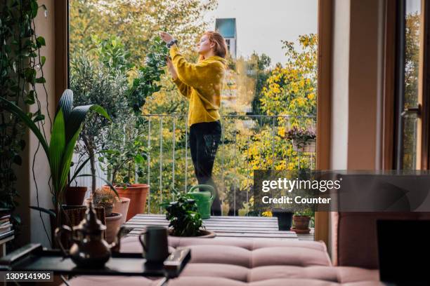 young woman tending to her plants on balcony - balcony decoration stock pictures, royalty-free photos & images