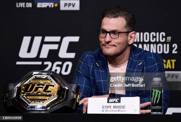 Stipe Miocic interacts with media during the UFC 260 press conference at UFC APEX on March 25, 2021 in Las Vegas, Nevada.