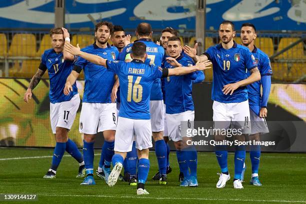 Domenico Berardi of Italy celebrates after scoring his team's first goal with his teammates during the FIFA World Cup 2022 Qatar qualifying match...