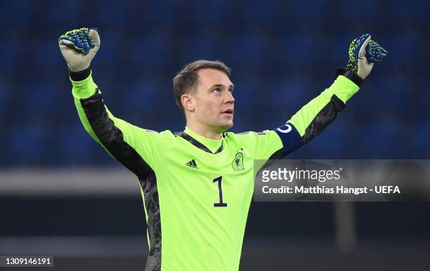 Manuel Neuer of Germany celebrates following the FIFA World Cup 2022 Qatar qualifying match between Germany and Iceland at Schauinsland-Reisen-Arena...