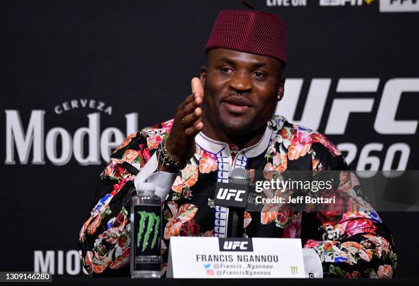 Francis Ngannou of Cameroon interacts with media during the UFC 260 press conference at UFC APEX on March 25, 2021 in Las Vegas, Nevada.