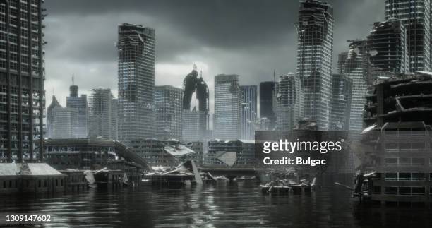 flooded post apocalyptic urban landscape - earthquake destruction stock pictures, royalty-free photos & images