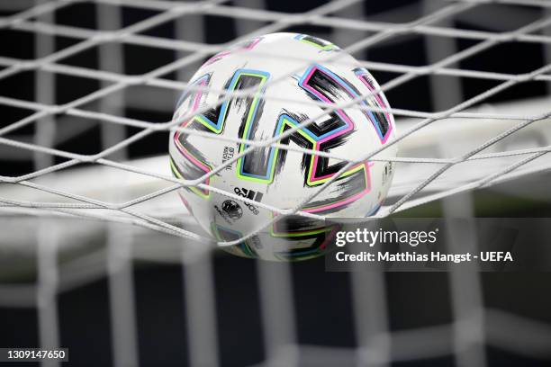 Detailed view of an Adidas ball on the netting on top of the goal during the FIFA World Cup 2022 Qatar qualifying match between Germany and Iceland...