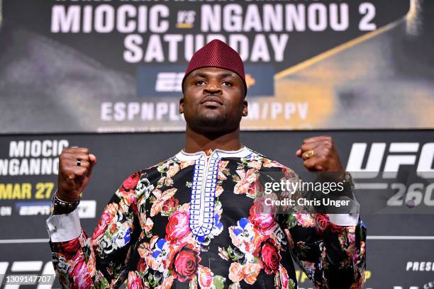 Francis Ngannou of Cameroon poses for photos during the UFC 260 press conference at UFC APEX on March 25, 2021 in Las Vegas, Nevada.