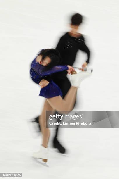 Wenjing Sui and Cong Han of China perform in Pairs Free Skating during ISU World Figure Skating Championships at Ericsson Globe on March 25, 2021 in...