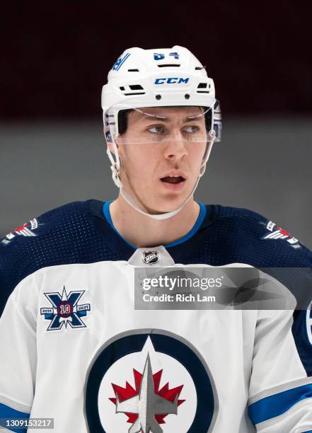 Logan Stanley of the Winnipeg Jets during NHL action against the Vancouver Canucks at Rogers Arena on March 22, 2021 in Vancouver, Canada.