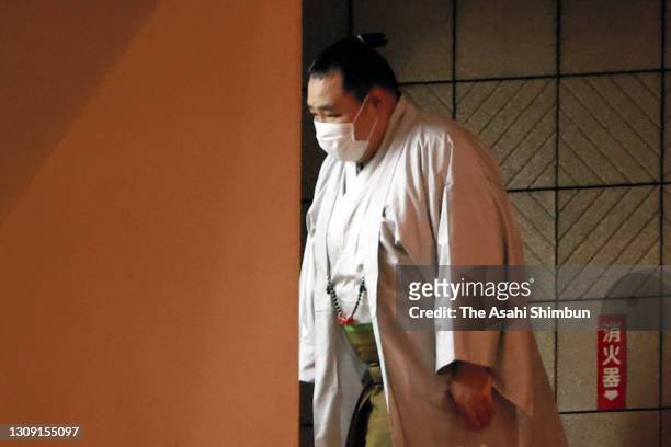 Yokozuna Kakuryu is seen after announcing his retirement on day twelve of the Grand Sumo Spring Tournament at Ryogoku Kokugikan on March 25, 2021 in...