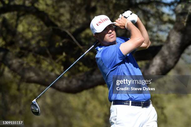 Ryan Palmer of the United States plays his shot on the eighth tee in his match against Sebastian Munoz of Colombia during the second round of the...