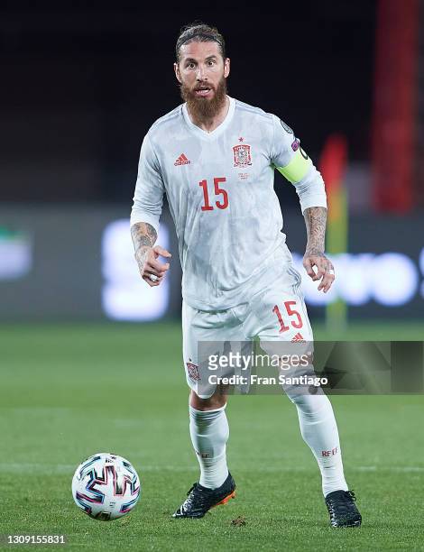 Sergio Ramos of Spain in action during the FIFA World Cup 2022 Qatar qualifying match between Spain and Greece on March 25, 2021 in Granada, Spain.