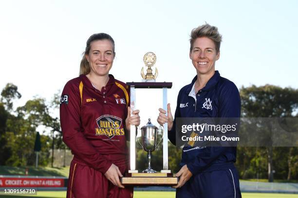 Georgia Redmayne of Queensland and Elyse Villani of Victoria pose during the WNCL Final Captains media opportunity at Junction Oval on March 26, 2021...