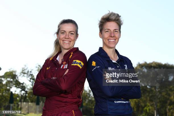 Georgia Redmayne of Queensland and Elyse Villani of Victoria pose during the WNCL Final Captains media opportunity at Junction Oval on March 26, 2021...