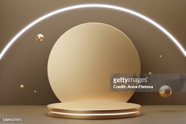 two golden podiums with luxury lightening. perfect stages for your product. flat lay style. three dimensional. trendy holiday colors and design style of the year - composition stock pictures, royalty-free photos & images