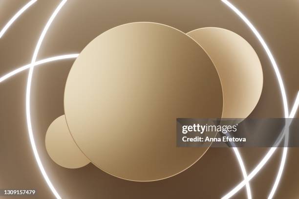 golden podium with luxury white neon lightening. perfect stage for your product. flat lay style. three dimensional. - gold circle 3d stock pictures, royalty-free photos & images