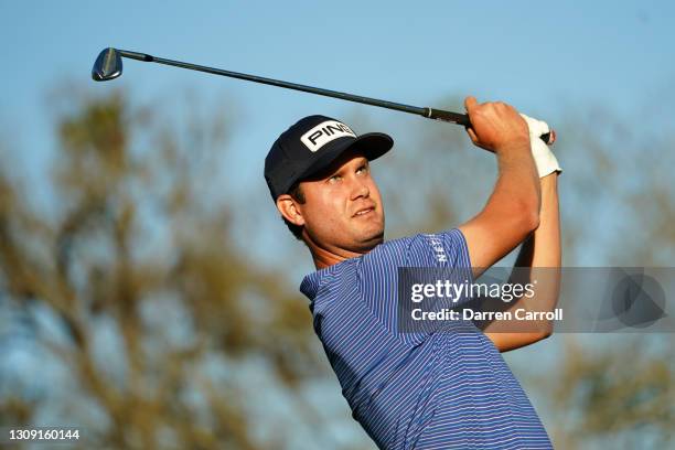 Harris English of the United States plays his shot on the 17th tee in his match against Erik van Rooyen of South Africa during the second round of...