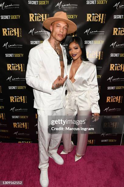 Jeremy Meeks and Erica Pinkett attend the "Secret Society" Pajama Party & Movie Premiere at The West Venue on March 25, 2021 in Atlanta, Georgia.