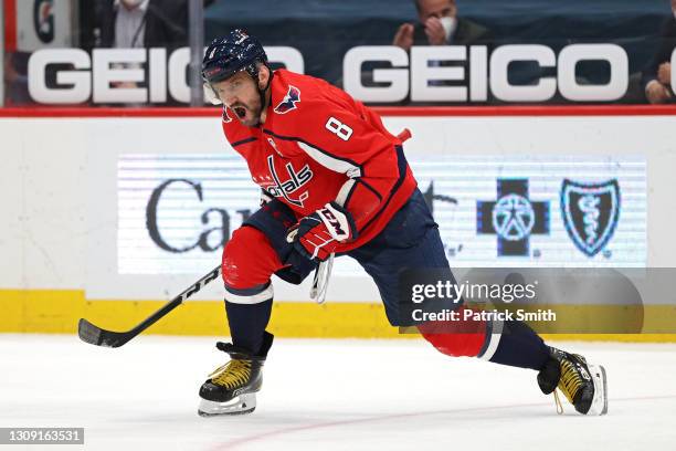 Alex Ovechkin of the Washington Capitals celebrates his goal against the New Jersey Devils during the second period at Capital One Arena on March 25,...