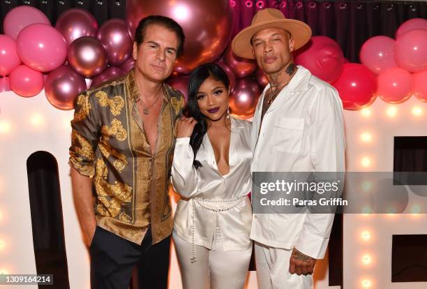 Vincent De Paul, Erica Pinkett and Jeremy Meeks attend the "Secret Society" Pajama Party & Movie Premiere at The West Venue on March 25, 2021 in...