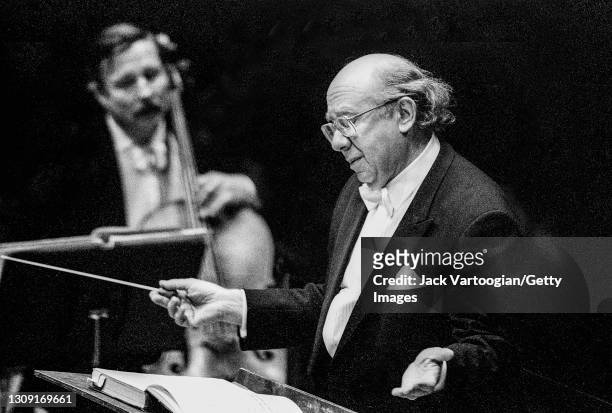 Russian conductor Gennady Rozhdestvensky leads the State Symphonic Kapelle of Moscow during a performance at Carnegie Hall, New York, New York,...