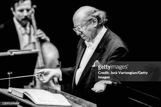 Russian conductor Gennady Rozhdestvensky leads the State Symphonic Kapelle of Moscow during a performance at Carnegie Hall, New York, New York,...