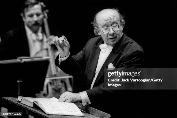 Russian conductor Gennady Rozhdestvensky leads the State Symphonic Kapelle of Moscow during a performance at Carnegie Hall, New York, New York,...