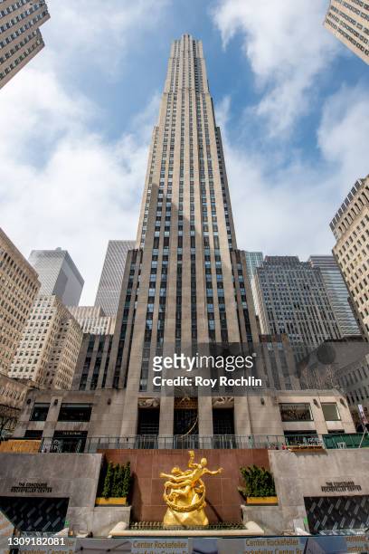 View of 30 Rockefeller Plaza on March 25, 2021 in New York City. "30 Rock" was completed in 1878 the Art Deco style by architect Raymond Hood.