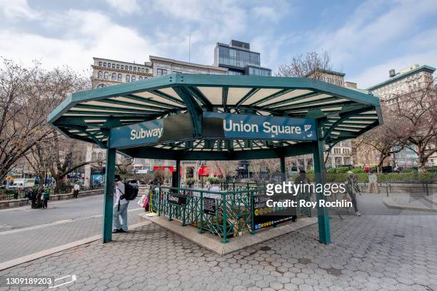 View of the one of the Union Square subway station entrance on March 25, 2021 in New York City.