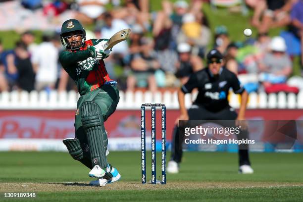 Liton Das of Bangladesh bats during game three of the One Day International series between New Zealand and Bangladesh at Basin Reserve on March 26,...