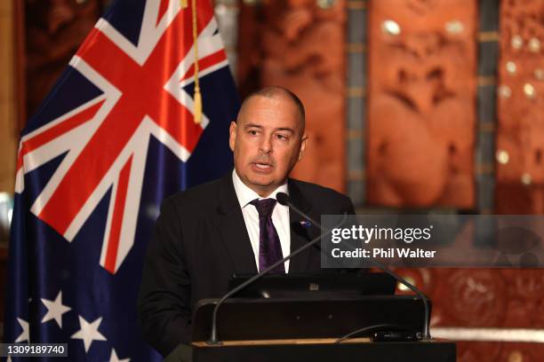 Cook Islands Prime Minister Mark Brown holds a joint press conference with New Zealand Prime Minister Jacinda Ardern at the Auckland War Memorial...
