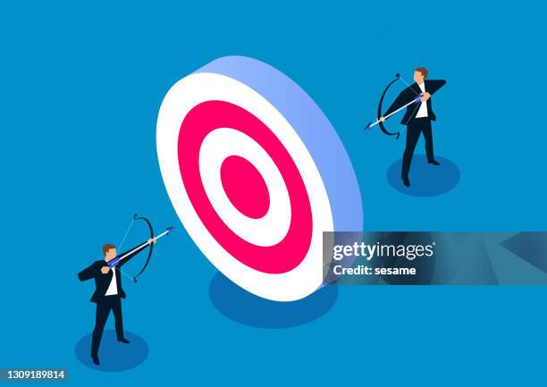 the concept of competition, two businessmen holding a bow and arrows than taking a target - archery target stock illustrations
