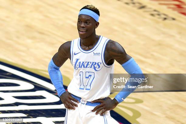 Dennis Schroder of the Los Angeles Lakers stands on the court during the fourth quarter of an NBA game against the New Orleans Pelicans at Smoothie...