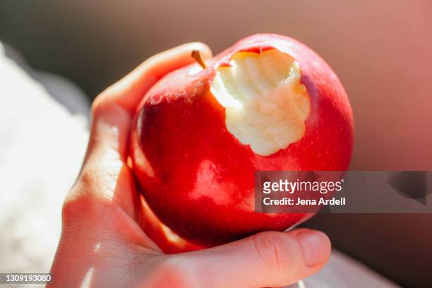 mcintosh apple with bite out, ripe apple missing bite - かじりかけ ストックフォトと画像