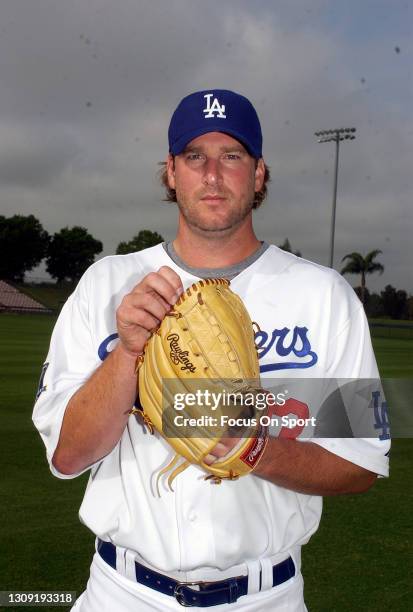 Derek Lowe of the Los Angeles Dodgers poses for this portrait during Major League Baseball spring training February 24, 2008 at Holman Stadium in...