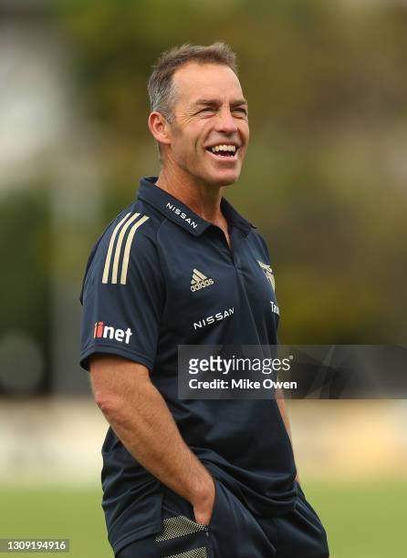 Alastair Clarkson, senior coach of the Hawks reacts during a Hawthorn Hawks AFL training session at Waverley Park on March 26, 2021 in Melbourne,...
