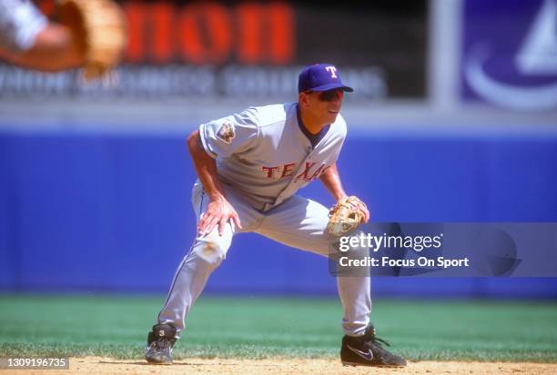 Alex Rodriguez of the Texas Rangers is down and ready to make a play on the ball against the New York Yankees during an Major League Baseball game...