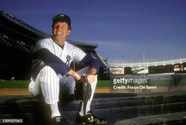 Tommy John of the New York Yankees poses for this portrait prior to the start of a Major League Baseball game circa 1987 at Yankee Stadium in the...