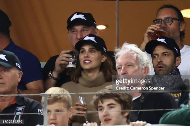 Actress Natalie Portman with her husband Benjamin Millepied watch the round three NRL match between the South Sydney Rabbitohs and the Sydney...