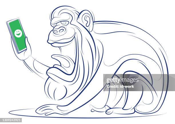 chimpanzee laughing and looking at smartphone line drawing - excitement computer stock illustrations